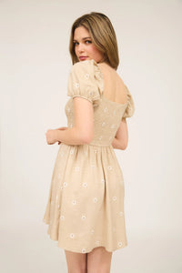Daisy Embroidery Smocked Puff Sleeve Mini Dress