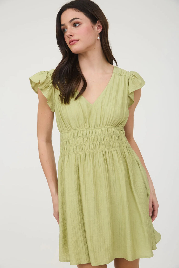 V-neck Shirred Waist Ruffle Sleeve Mini Dress