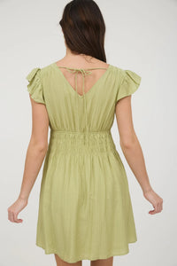 V-neck Shirred Waist Ruffle Sleeve Mini Dress