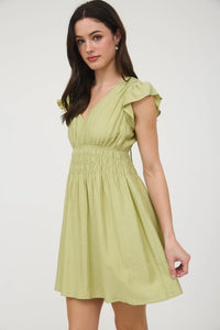 V-neck Shirred Waist Ruffle Sleeve Mini Dress