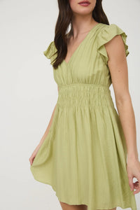 V-neck Shirred Waist Ruffle Sleeve Mini Dress