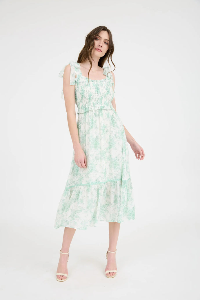 Floral Smocked Sweetheart Ruffle Trim Midi Dress