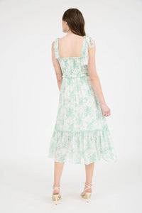 Floral Smocked Sweetheart Ruffle Trim Midi Dress
