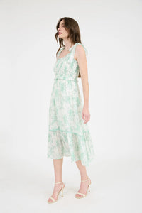 Floral Smocked Sweetheart Ruffle Trim Midi Dress