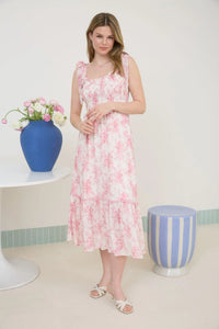 Floral Smocked Sweetheart Ruffle Trim Midi Dress