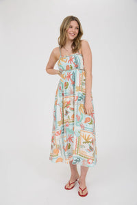 Summer Print Braid Trim Sleeveless Midi Dress