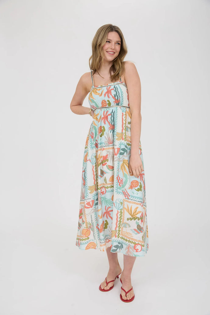 Summer Print Braid Trim Sleeveless Midi Dress