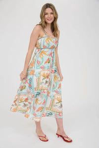 Summer Print Braid Trim Sleeveless Midi Dress