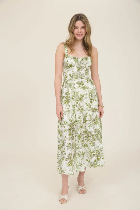 Rose Print Sleeveless Corset Detail Midi Dress