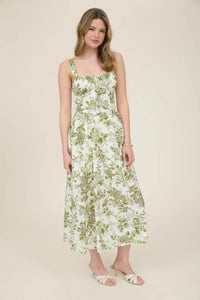 Rose Print Sleeveless Corset Detail Midi Dress