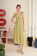 Load image into Gallery viewer, Bow Detail V-neck Smocked Ruffled Midi Dress
