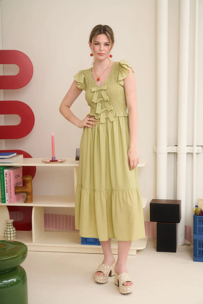 Bow Detail V-neck Smocked Ruffled Midi Dress