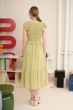 Load image into Gallery viewer, Bow Detail V-neck Smocked Ruffled Midi Dress
