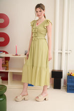 Load image into Gallery viewer, Bow Detail V-neck Smocked Ruffled Midi Dress
