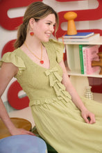 Load image into Gallery viewer, Bow Detail V-neck Smocked Ruffled Midi Dress