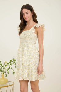 Floral Trellis Pattern Smocked Mini Dress