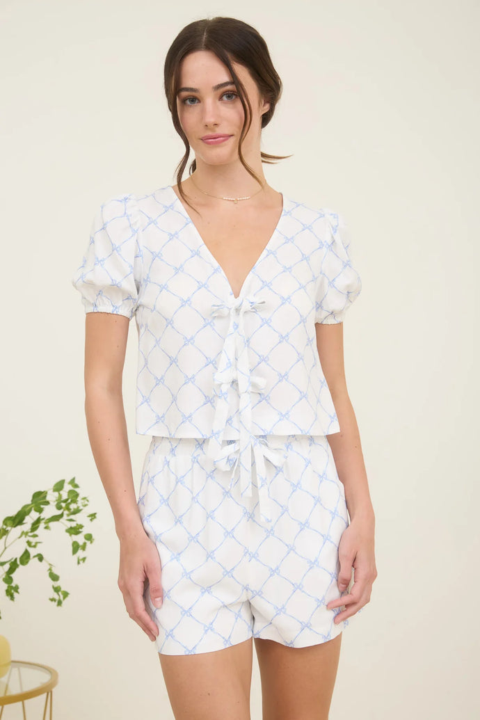 Bow Pattern Front Tie Puff Sleeve Linen Blouse