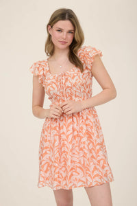 Leaf Print Front Tie Smocked Bodice Mini Dress