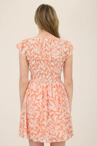 Leaf Print Front Tie Smocked Bodice Mini Dress