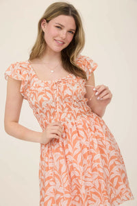 Leaf Print Front Tie Smocked Bodice Mini Dress