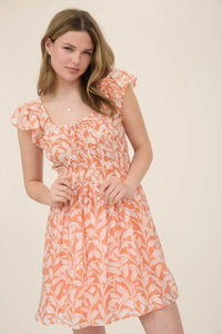 Leaf Print Front Tie Smocked Bodice Mini Dress