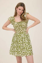 Load image into Gallery viewer, Leaf Print Front Tie Smocked Bodice Mini Dress