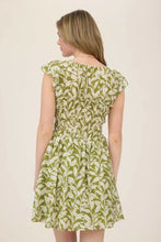 Load image into Gallery viewer, Leaf Print Front Tie Smocked Bodice Mini Dress