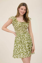 Load image into Gallery viewer, Leaf Print Front Tie Smocked Bodice Mini Dress