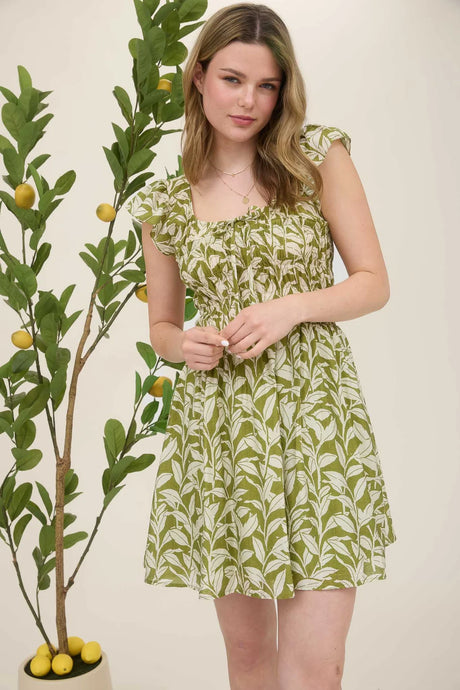 Leaf Print Front Tie Smocked Bodice Mini Dress