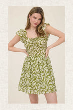 Load image into Gallery viewer, Leaf Print Front Tie Smocked Bodice Mini Dress