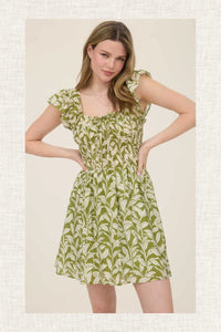 Leaf Print Front Tie Smocked Bodice Mini Dress