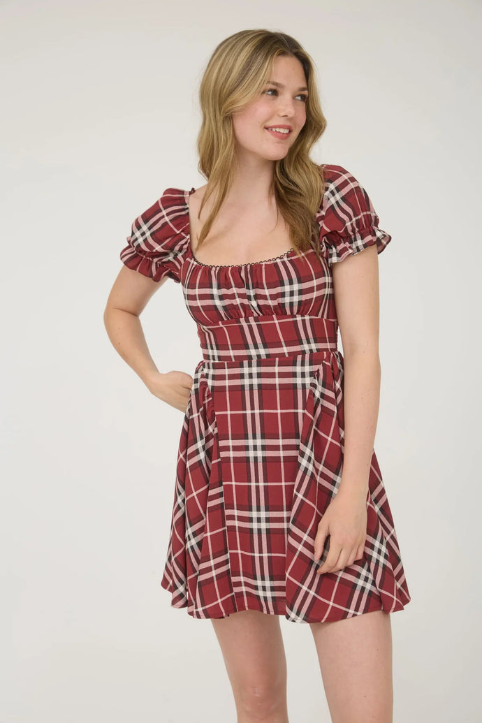 Plaid Short Puff Sleeve Mini Dress