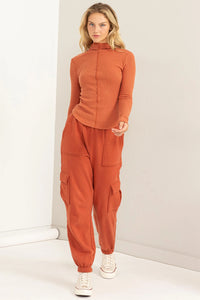 Ribbed High Neck Seam Detail Long Sleeve Top
