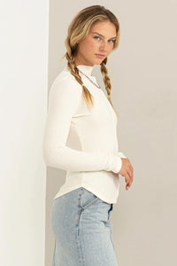 Ribbed High Neck Seam Detail Long Sleeve Top
