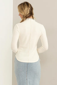Ribbed High Neck Seam Detail Long Sleeve Top