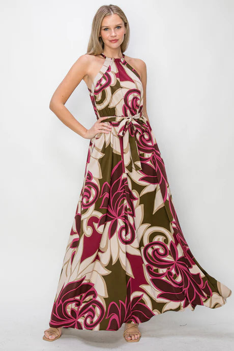 Floral Halter Neck Waist-Tie Dress