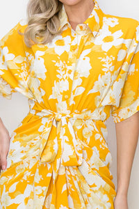 Floral Print Tie Front Pleated Shirt Dress