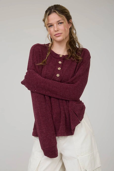 Ribbed Henley Long Sleeve Knit Top