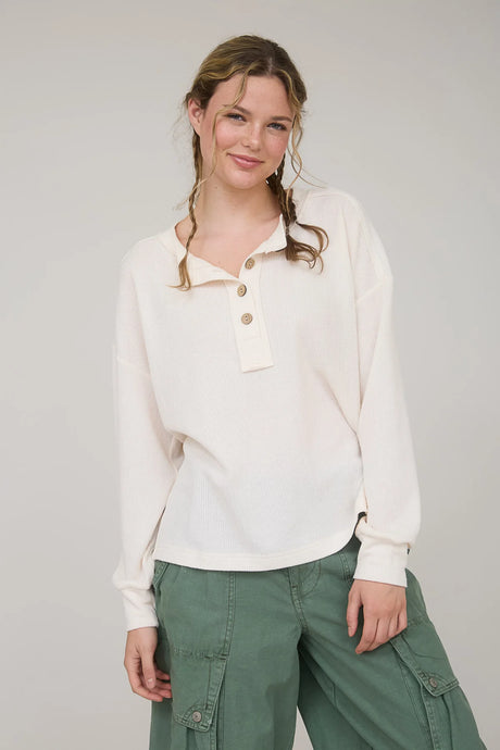 Ribbed Henley Long Sleeve Knit Top