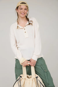 Ribbed Henley Long Sleeve Knit Top