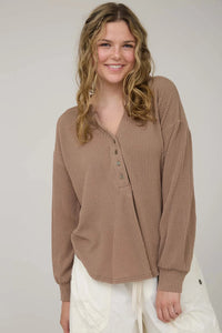 Washed Ribbed Long Sleeve Henley Knit Top