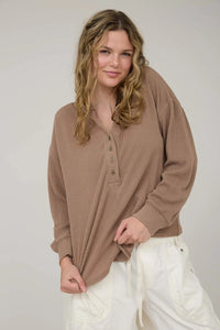 Washed Ribbed Long Sleeve Henley Knit Top