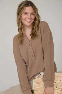 Washed Ribbed Long Sleeve Henley Knit Top