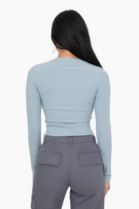 Essential Long-Sleeved Micro-Ribbed Athleisure Top-Smoky Blue