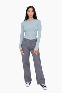 Essential Long-Sleeved Micro-Ribbed Athleisure Top-Smoky Blue
