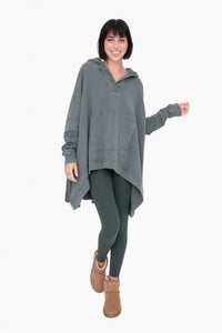 Oversized Cotton Poncho with Hood - Deep Forest