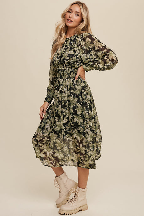 Leaf Print Pleated Neck and Open Back Midi Dress