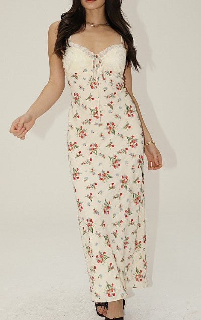 Floral Lace Trim Maxi Dress with Back Tie