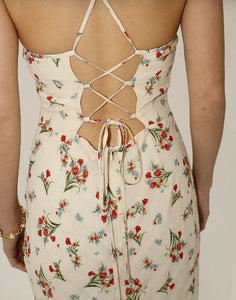 Floral Lace Trim Maxi Dress with Back Tie