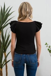 Double Ruffle Sleeve Ribbed Knit Top